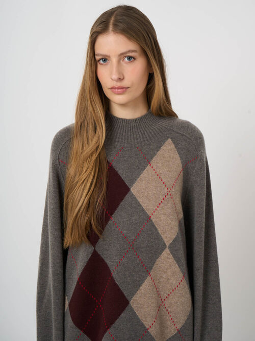 Wool-Cashmere Argyle Intarsia Sweater with Stand Collar