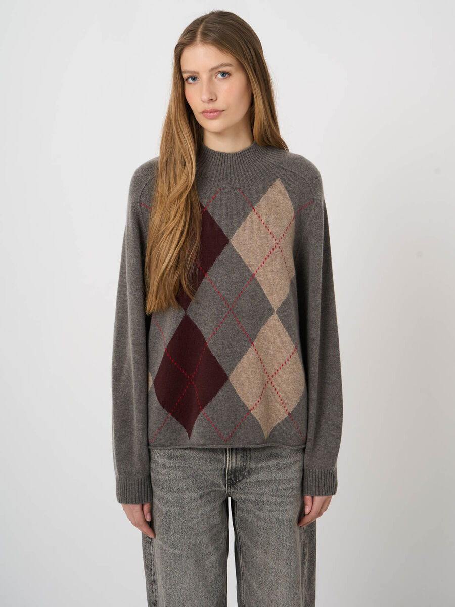 Wool-Cashmere Argyle Intarsia Sweater with Stand Collar image number 2