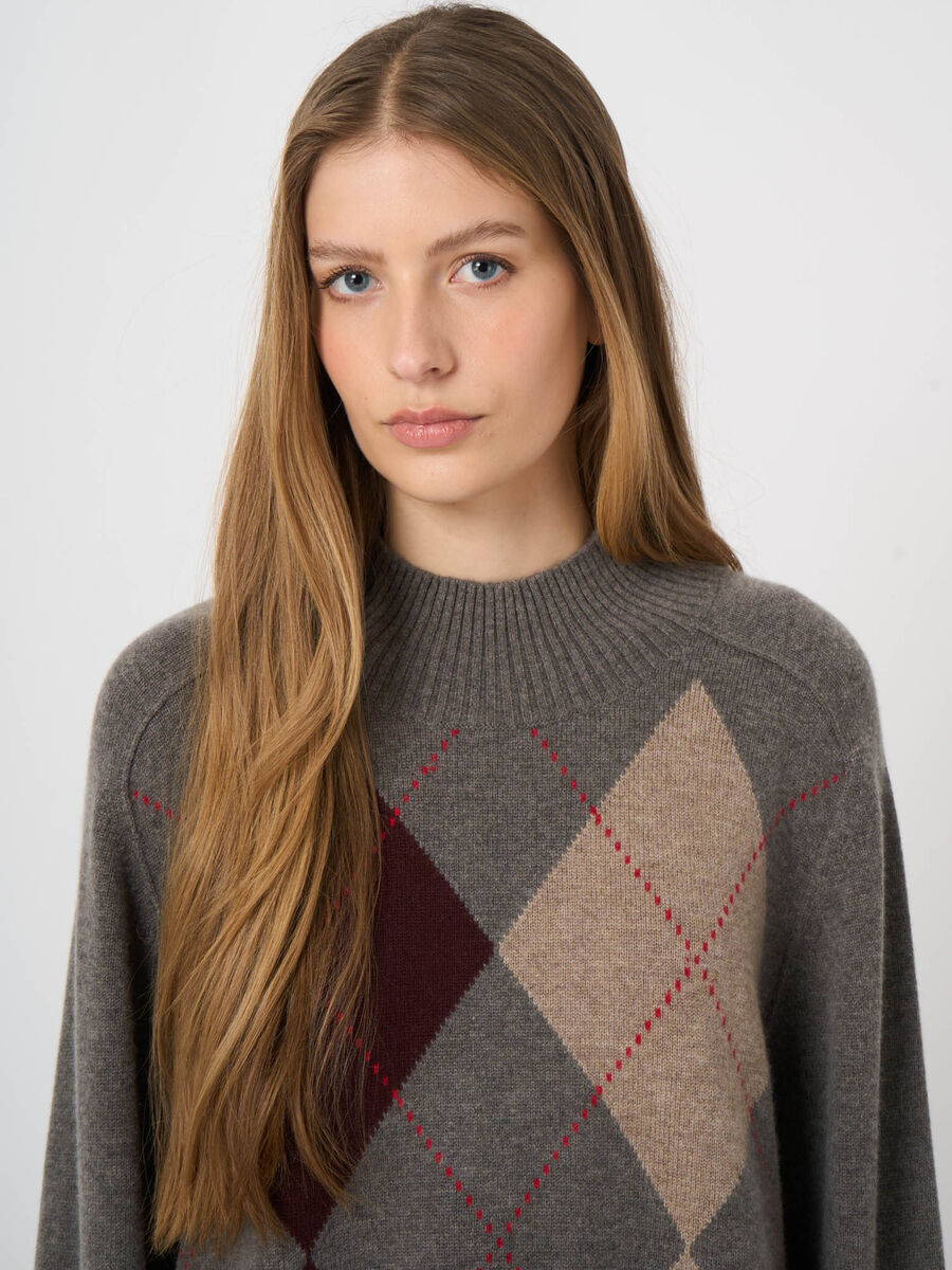 Wool-Cashmere Argyle Intarsia Sweater with Stand Collar image number 3