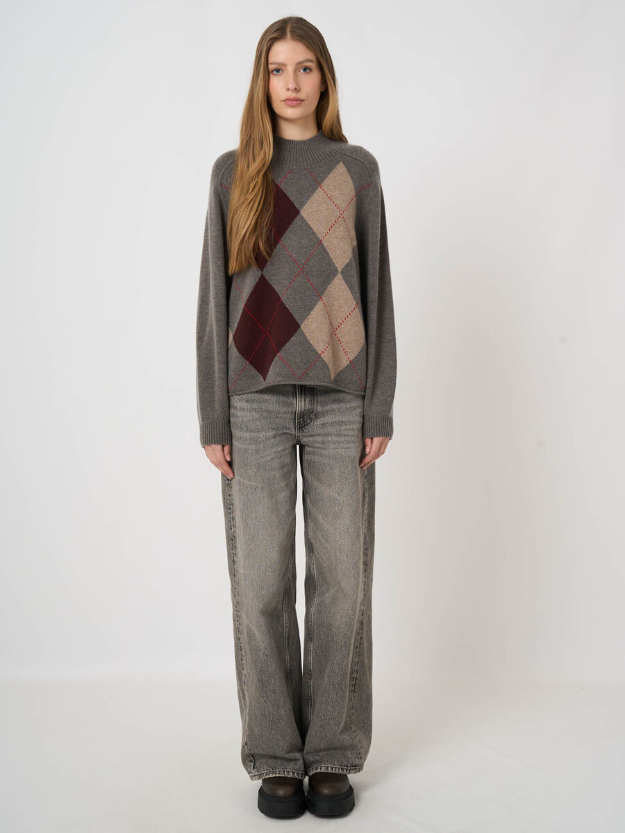 Wool-Cashmere Argyle Intarsia Sweater with Stand Collar image number 4