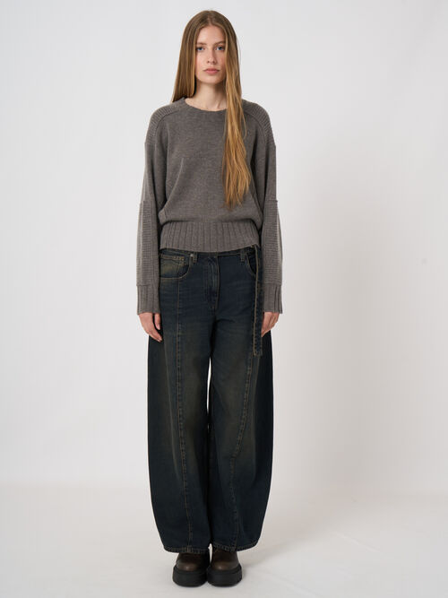 Wool-Cashmere Batwing Sweater with Ribbed Round Neckline