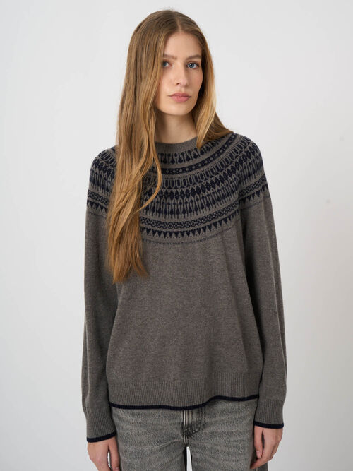 Wool-Cashmere Fine-Knit Sweater with Intarsia Yoke