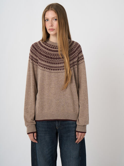 Wool-Cashmere Fine-Knit Sweater with Intarsia Yoke