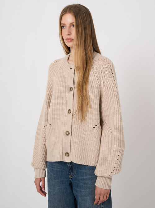 Wool-Cashmere Chunky Rib Cardigan with Pointelle