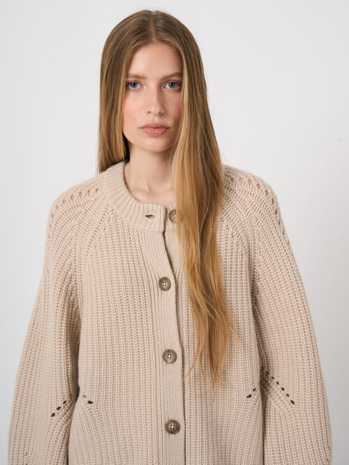 Wool-Cashmere Chunky Rib Cardigan with Pointelle