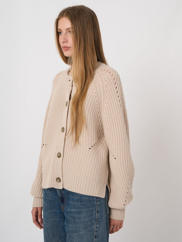 Woll-Kaschmir-Rippstrickjacke mit Pointelle image number 3