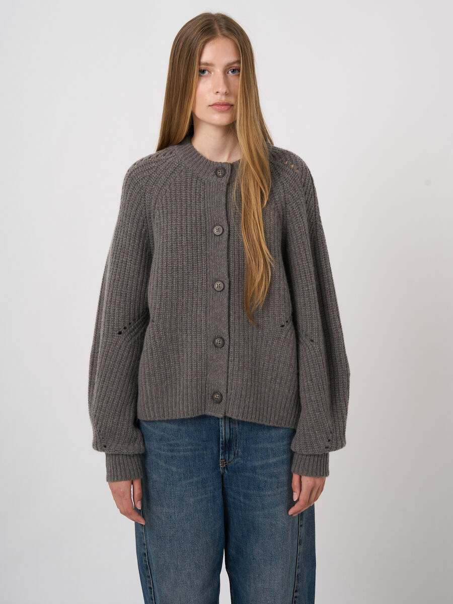 Woll-Kaschmir-Rippstrickjacke mit Pointelle image number 0