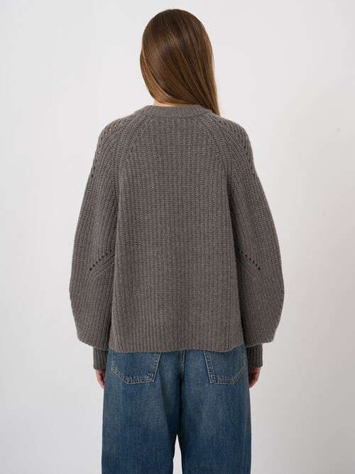 Wool-Cashmere Chunky Rib Cardigan with Pointelle