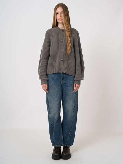 Wool-Cashmere Chunky Rib Cardigan with Pointelle