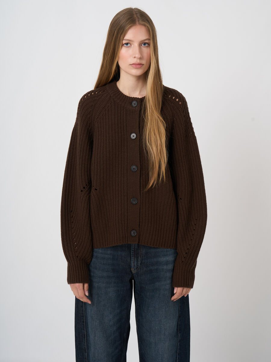 Woll-Kaschmir-Rippstrickjacke mit Pointelle image number 0