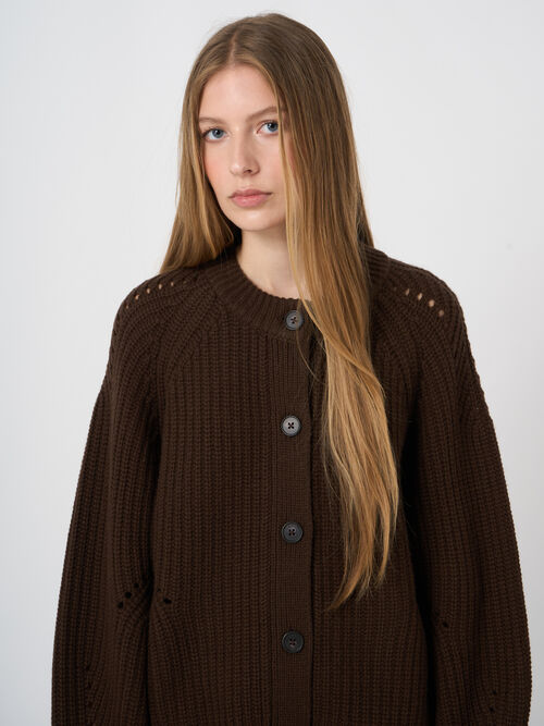 Wool-Cashmere Chunky Rib Cardigan with Pointelle