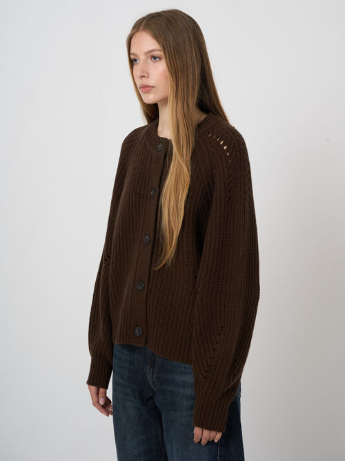 Wool-Cashmere Chunky Rib Cardigan with Pointelle