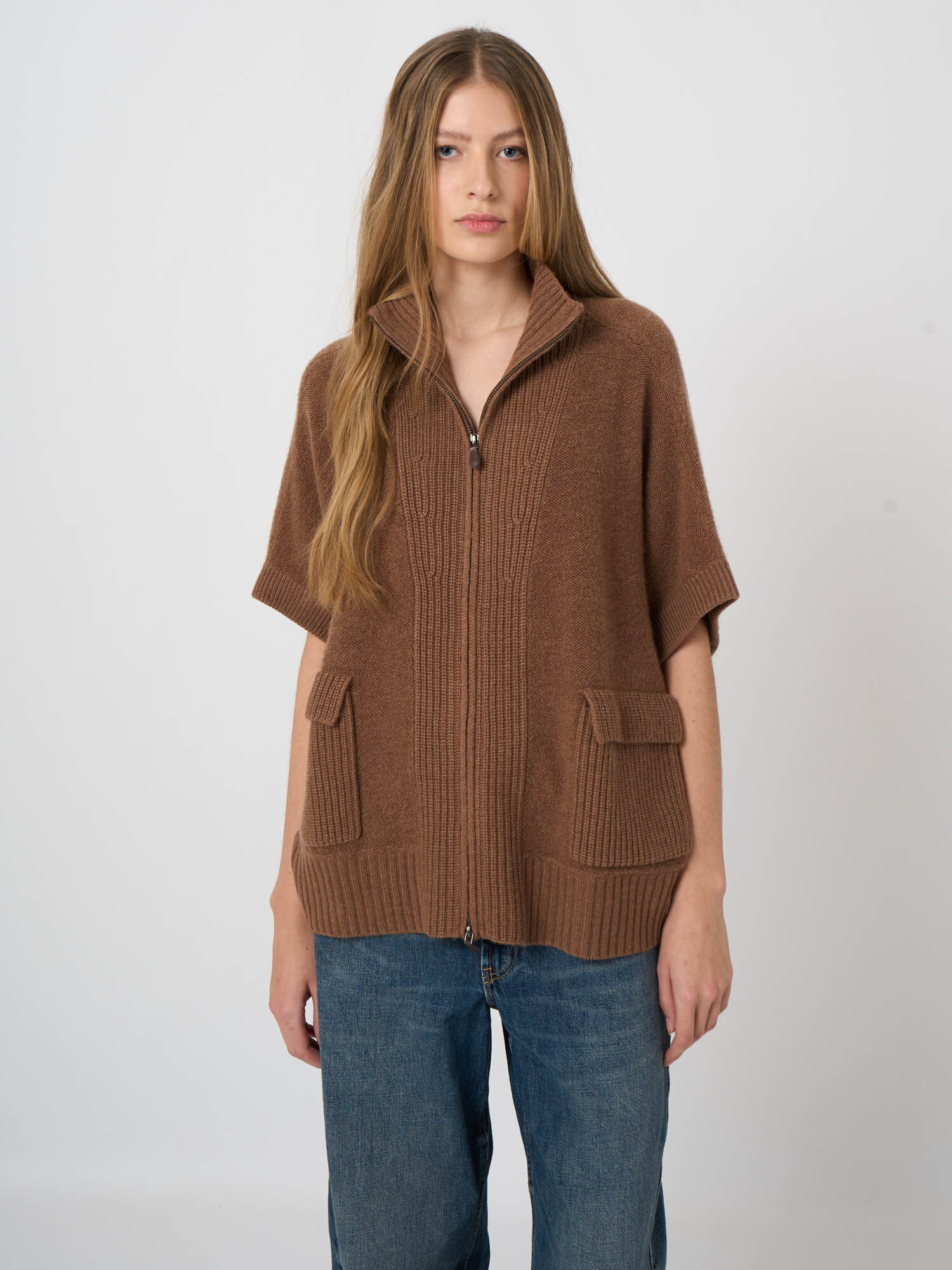 Wol-kasjmier zip poncho met ribkraag