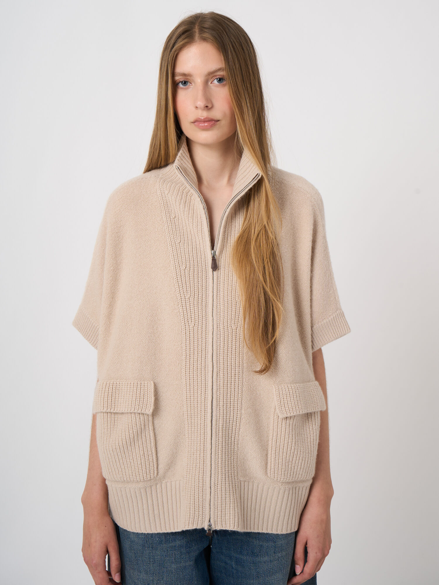 Wol-kasjmier zip poncho met ribkraag
