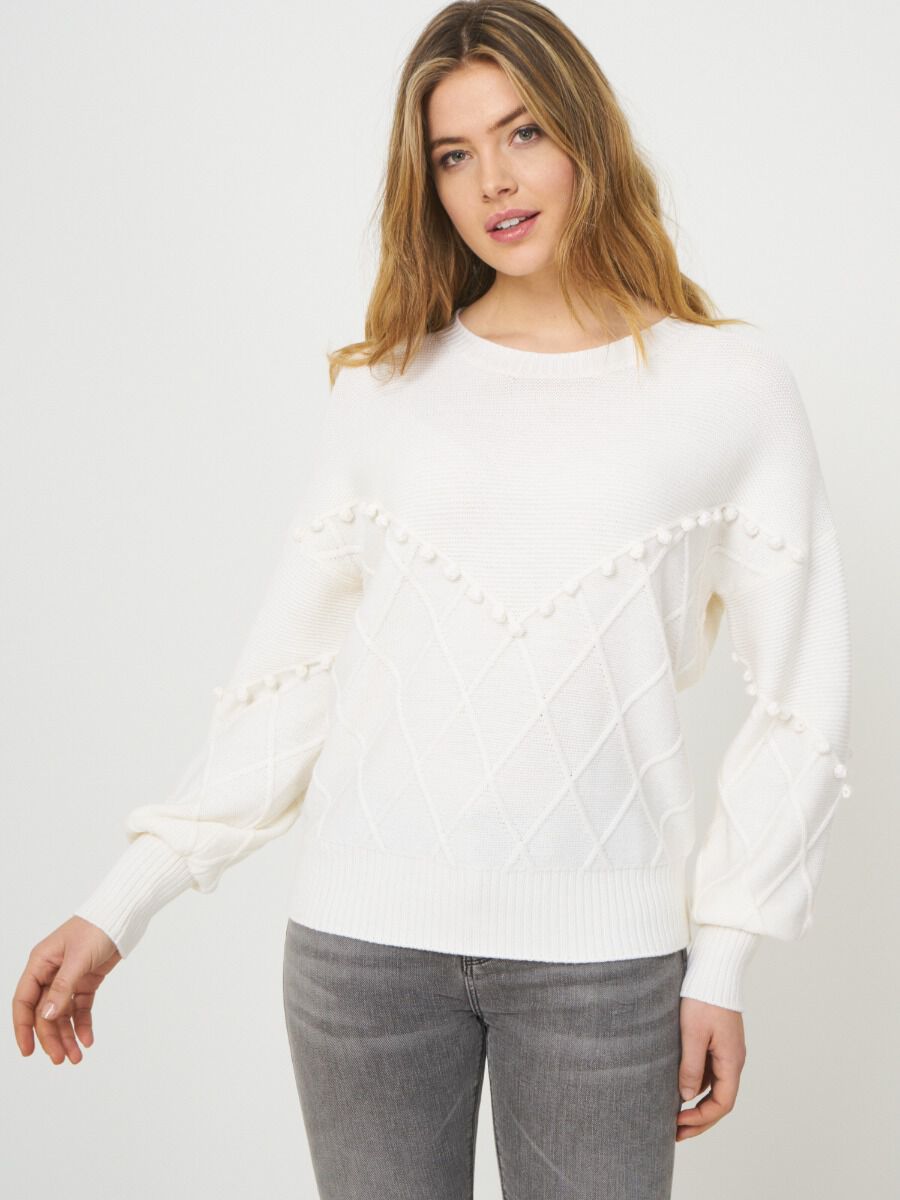 Pullover with pom poms and knitted diamond texture image number 0