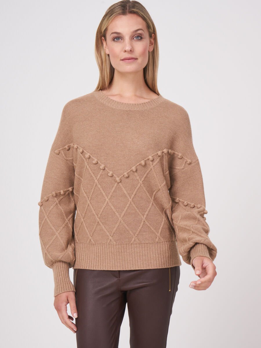 Pullover with pom poms and knitted diamond texture image number 0