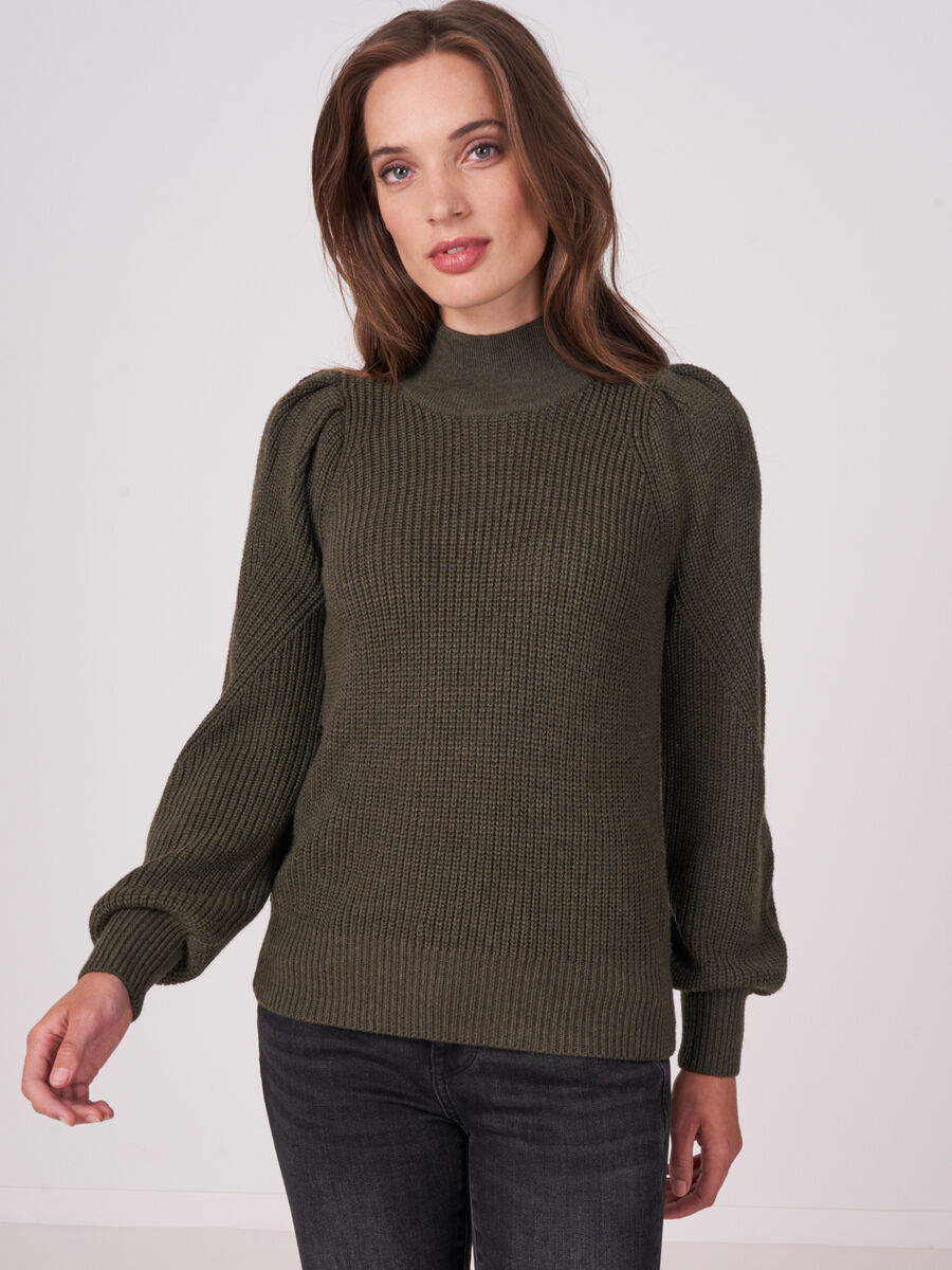 Rib knit merino wool sweater with puff sleeves image number 0