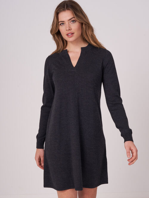 Merino wool knitted dress with split round neck