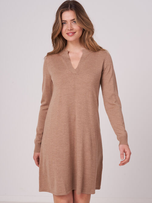 Merino wool knitted dress with split round neck