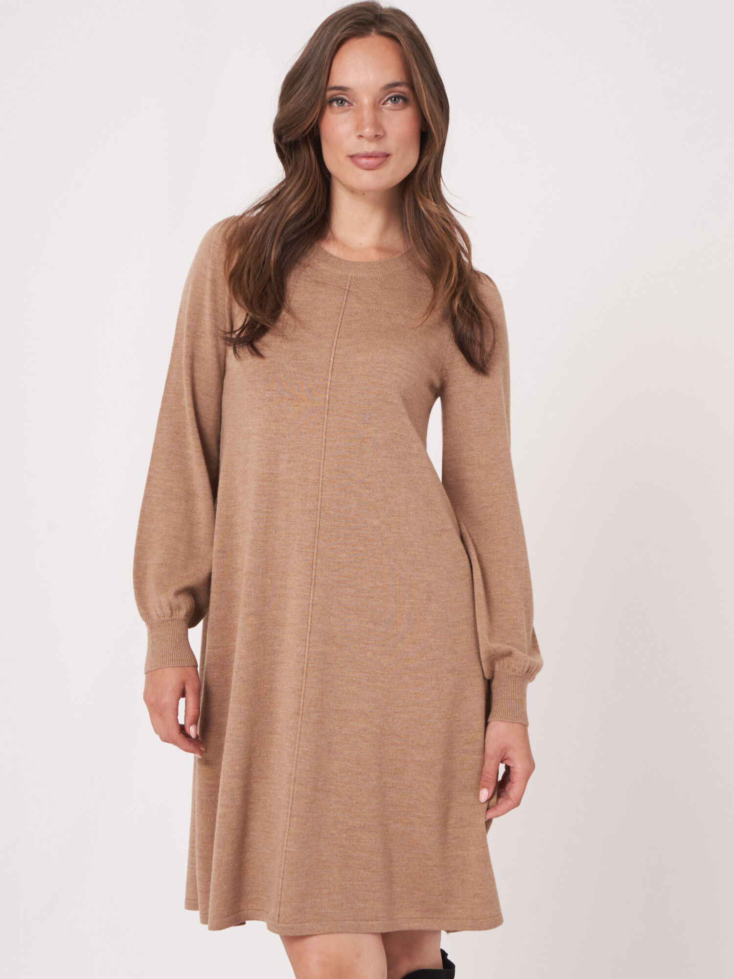 A-line merino wool dress with puff sleeves