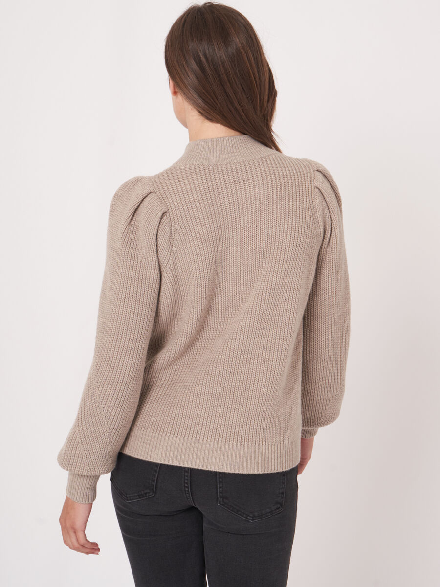 Chunky rib knit sweater with puff sleeves