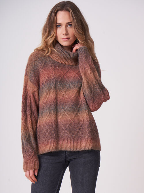 Chunky cable knit space dyed turtleneck sweater