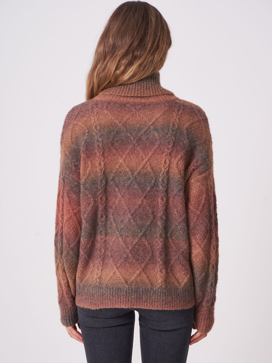 Chunky cable knit space dyed turtleneck sweater image number 3