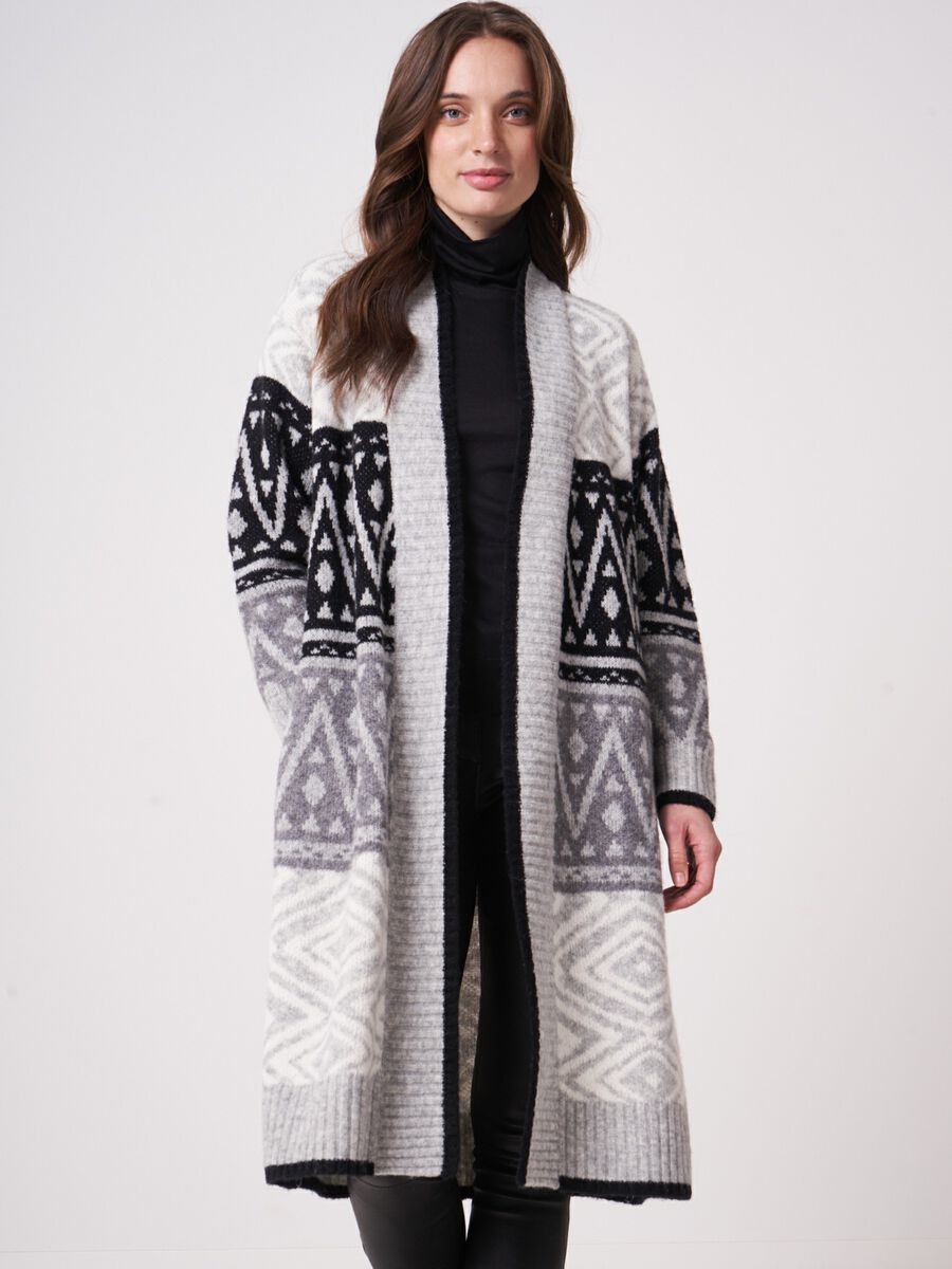 Long intarsia knitted V-neck cardigan image number 1