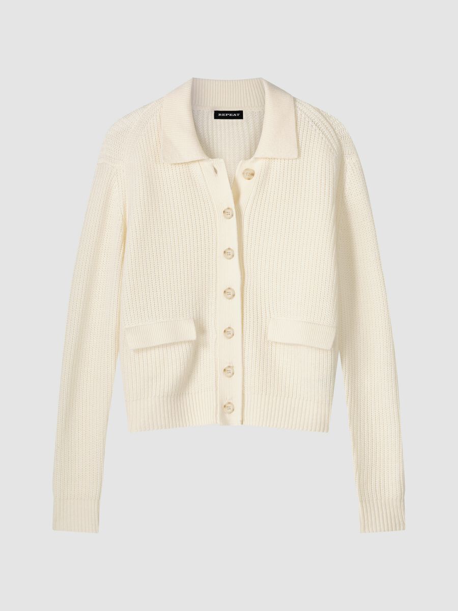 Cardigan côtelé en laine mérinos avec col polo image number 1