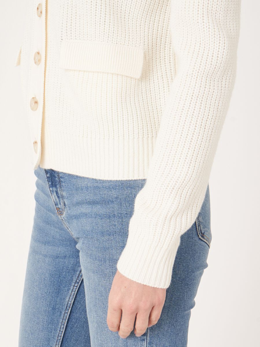 Women's Merino wool rib knit cardigan with polo neck | REPEAT cashmere