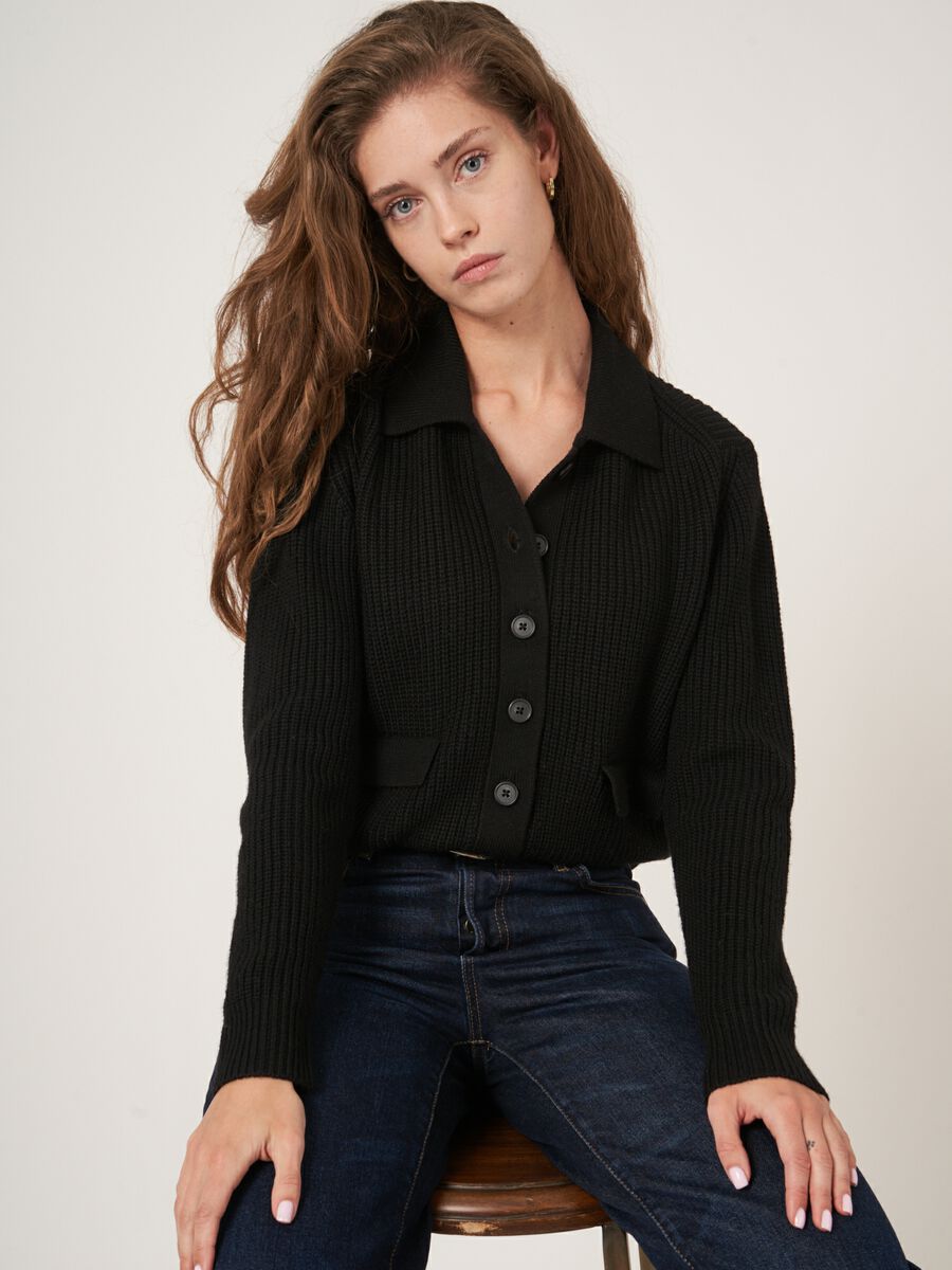 Merino wool rib knit cardigan with polo neck image number 0