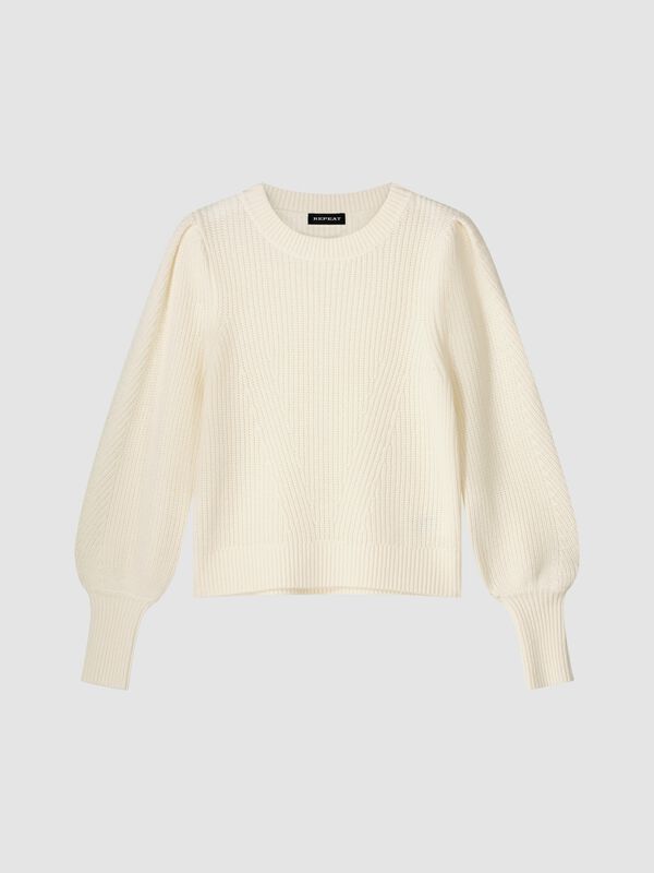 Rib knit merino wool pullover with pleated shoulder detail image number 0