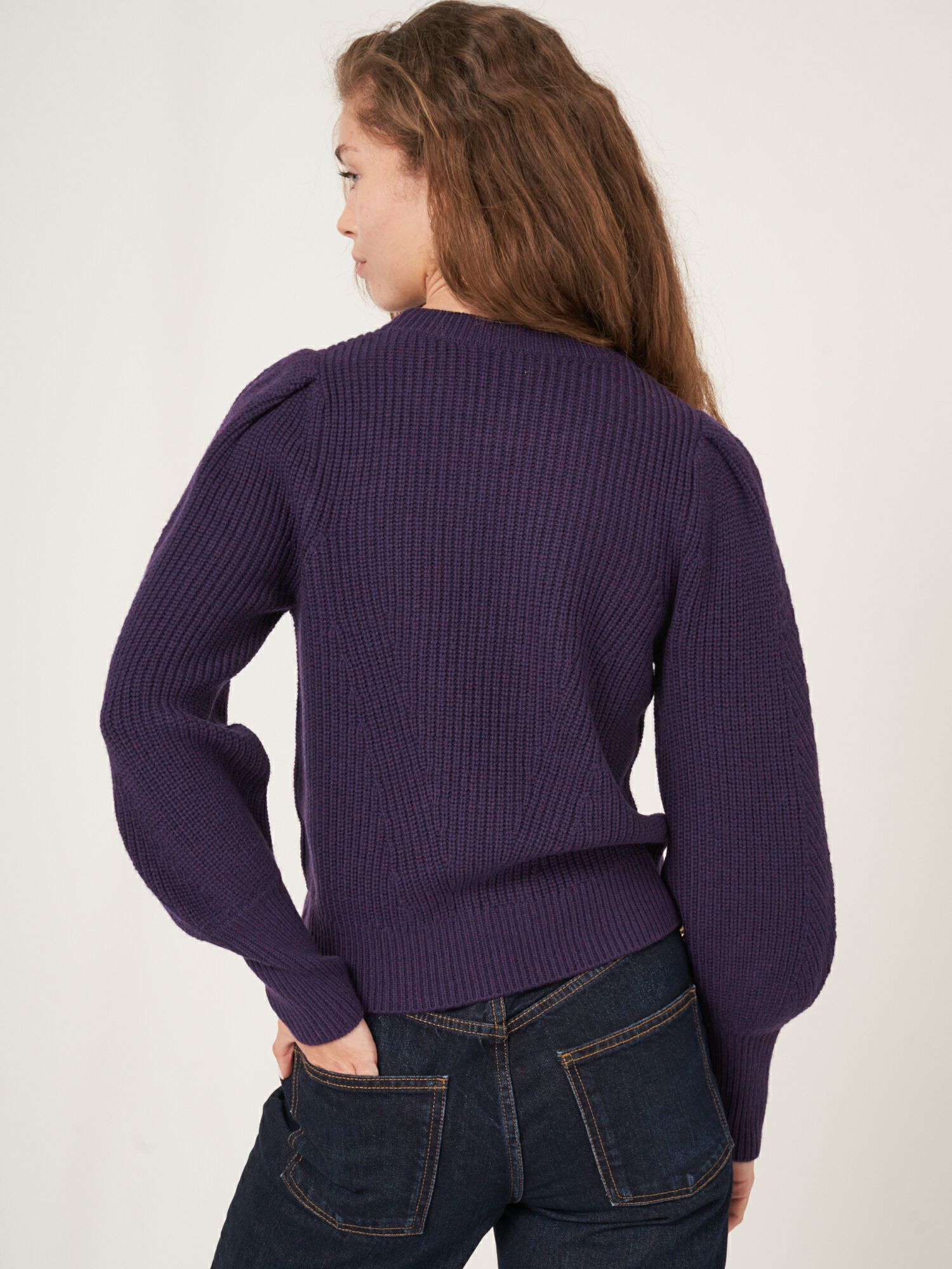 Rib knit merino wool pullover with pleated shoulder detail