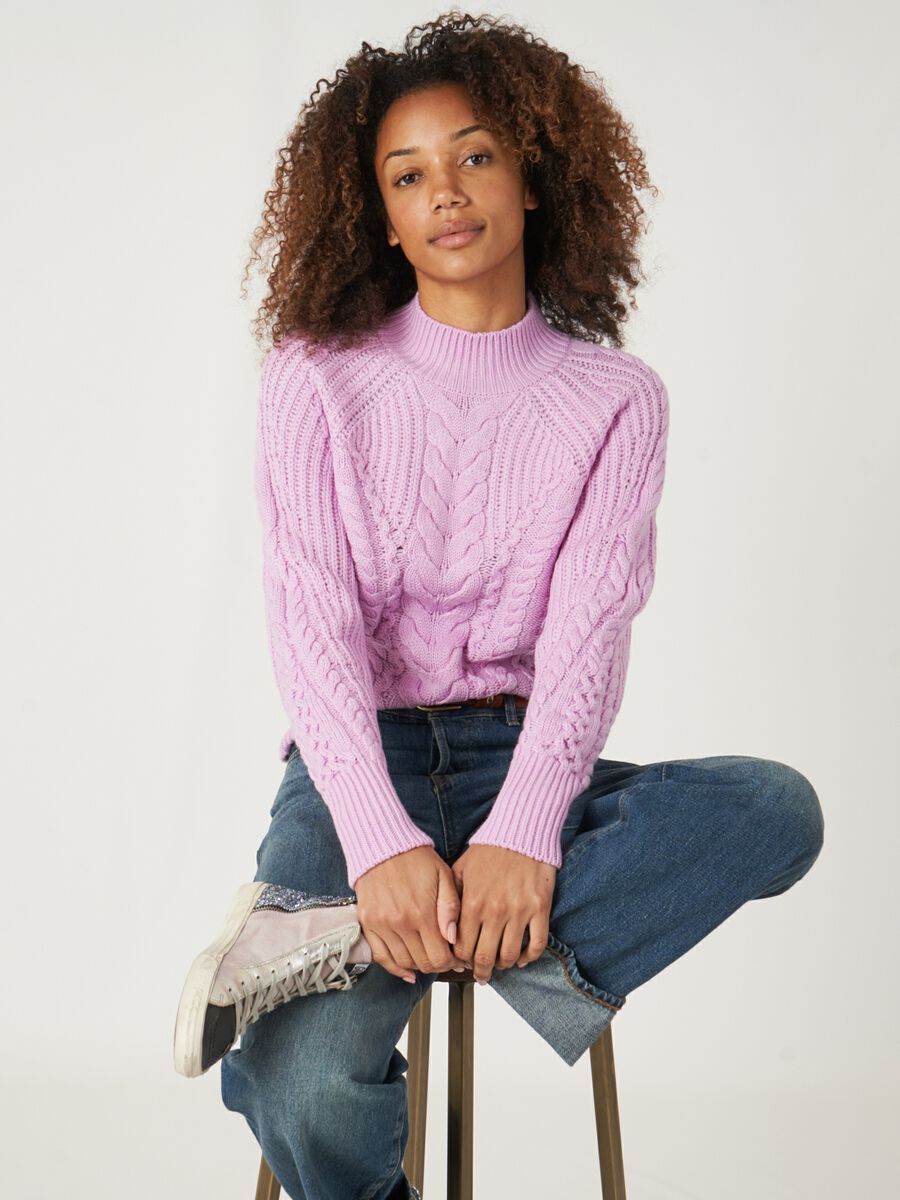 Merino wool cable knit pullover with ribbed stand collar image number 0