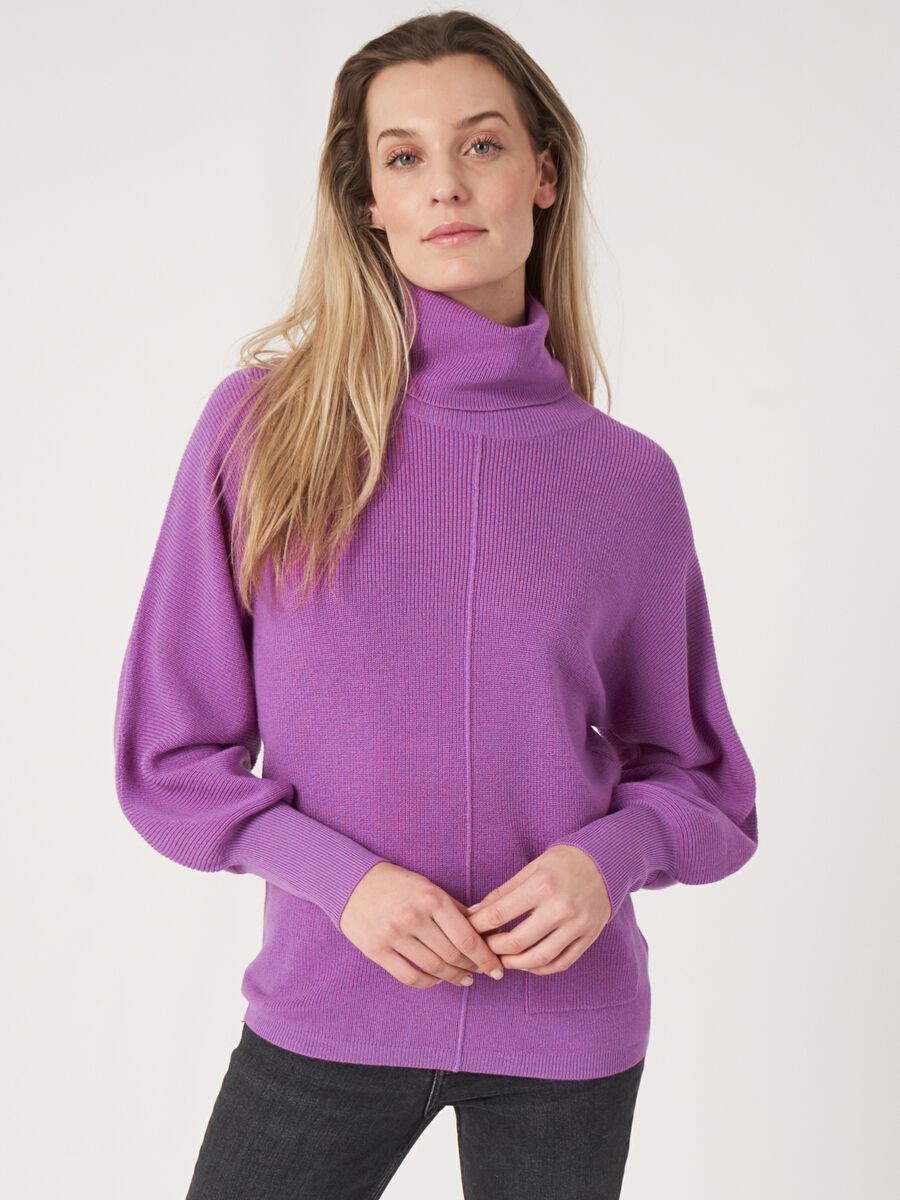 Fine rib knit turtleneck sweater with front pocket image number 0