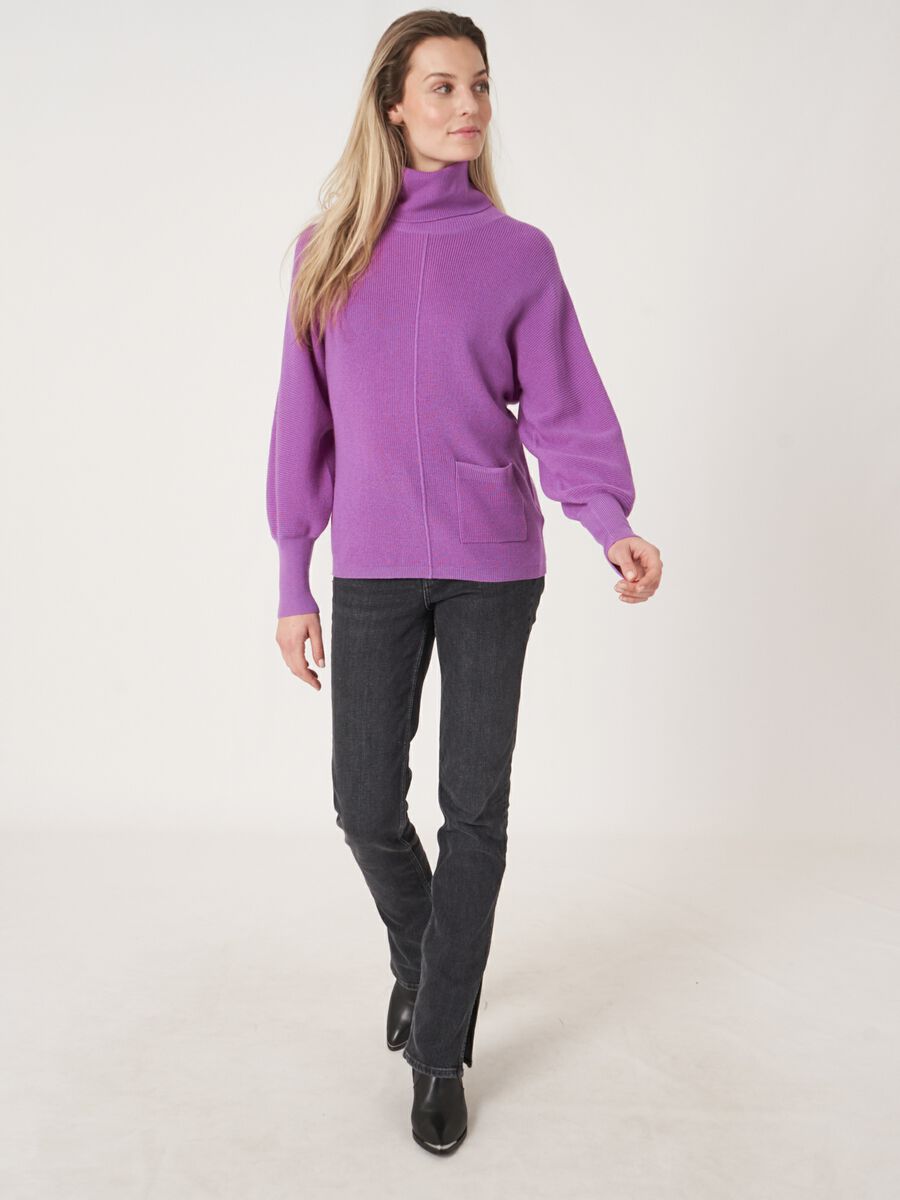 Fine rib knit turtleneck sweater with front pocket image number 5