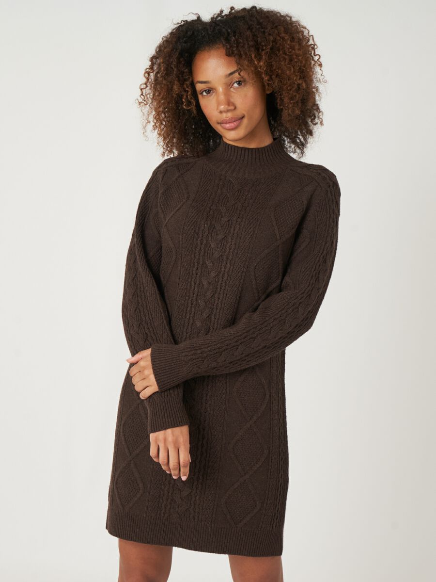 Merino wool cable knit dress with stand collar image number 0