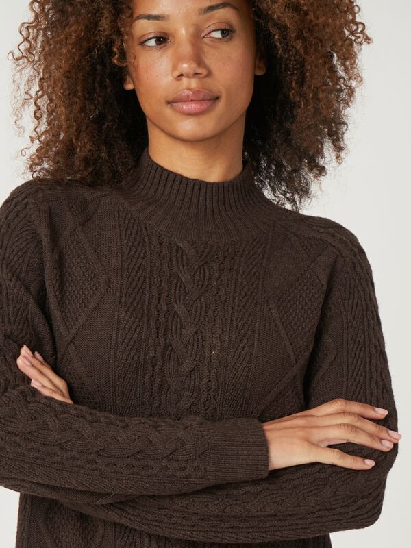 Merino wool cable knit dress with stand collar image number 8