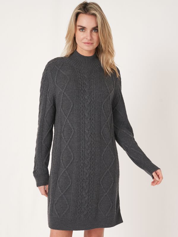 Merino wool cable knit dress with stand collar