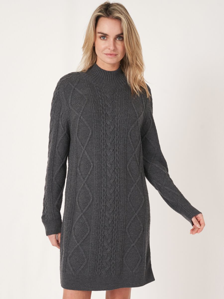 Merino wool cable knit dress with stand collar image number 0