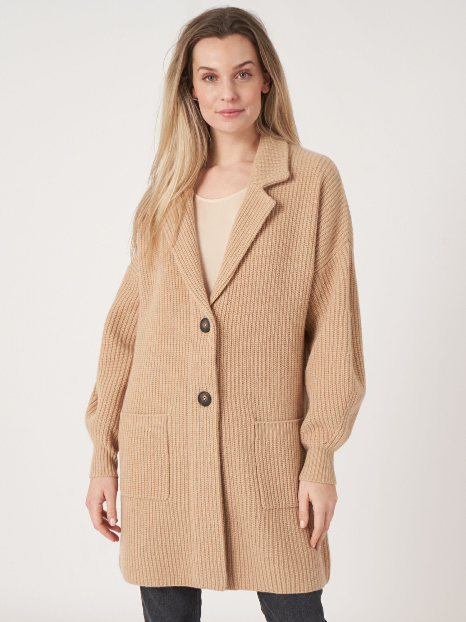 Mid-length rib knit cardigan with lapel collar