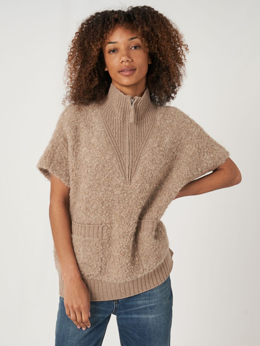 Italian yarn poncho sweater with knitted zip-up collar image number 0
