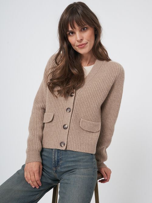 Cropped wool rib knit cardigan