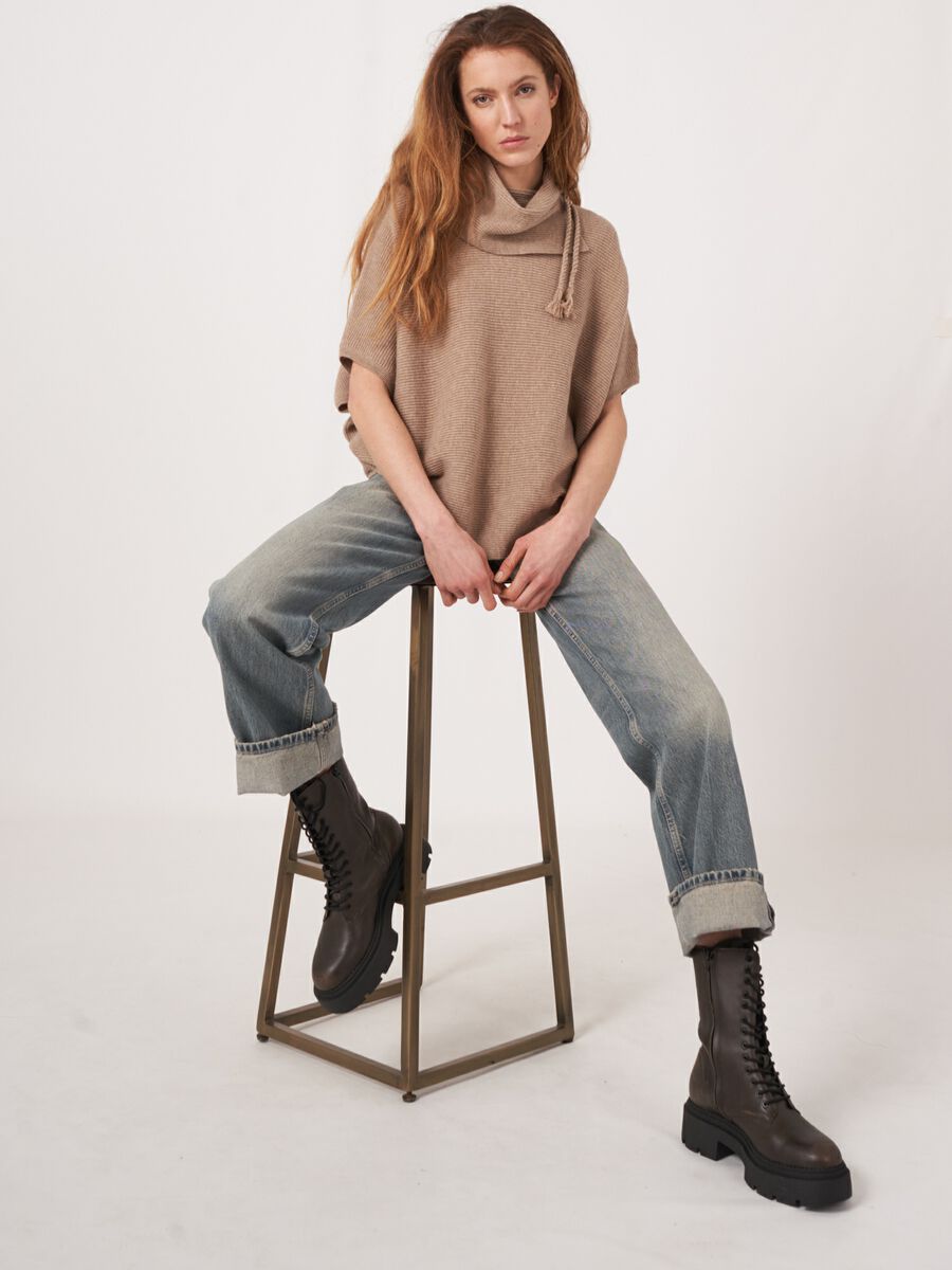 Wool rib knit poncho with wide turtleneck image number 1