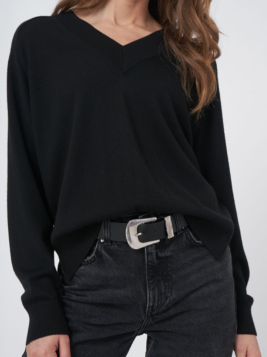Merino wollen trui met brede geribde V-hals image number 2