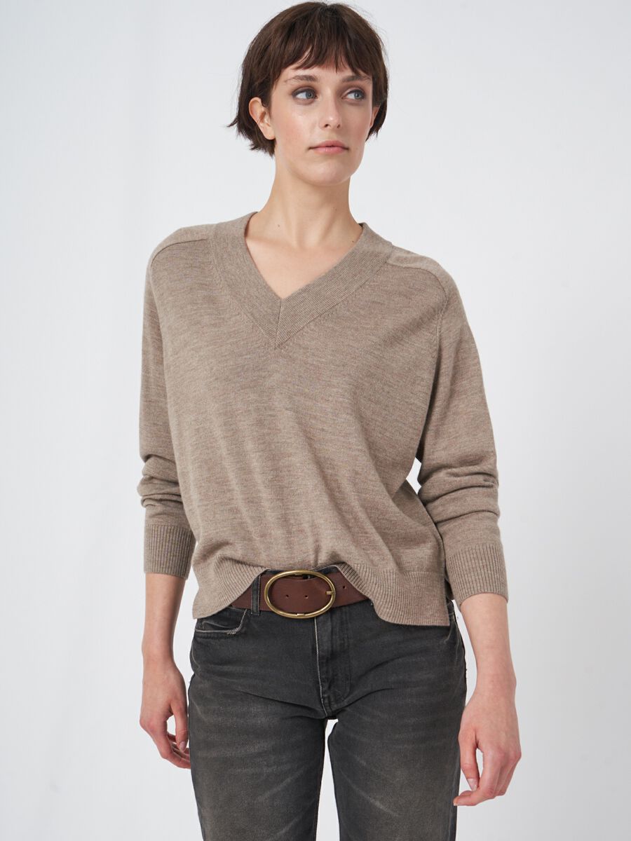 Merino wool sweater with wide ribbed V-neck image number 0