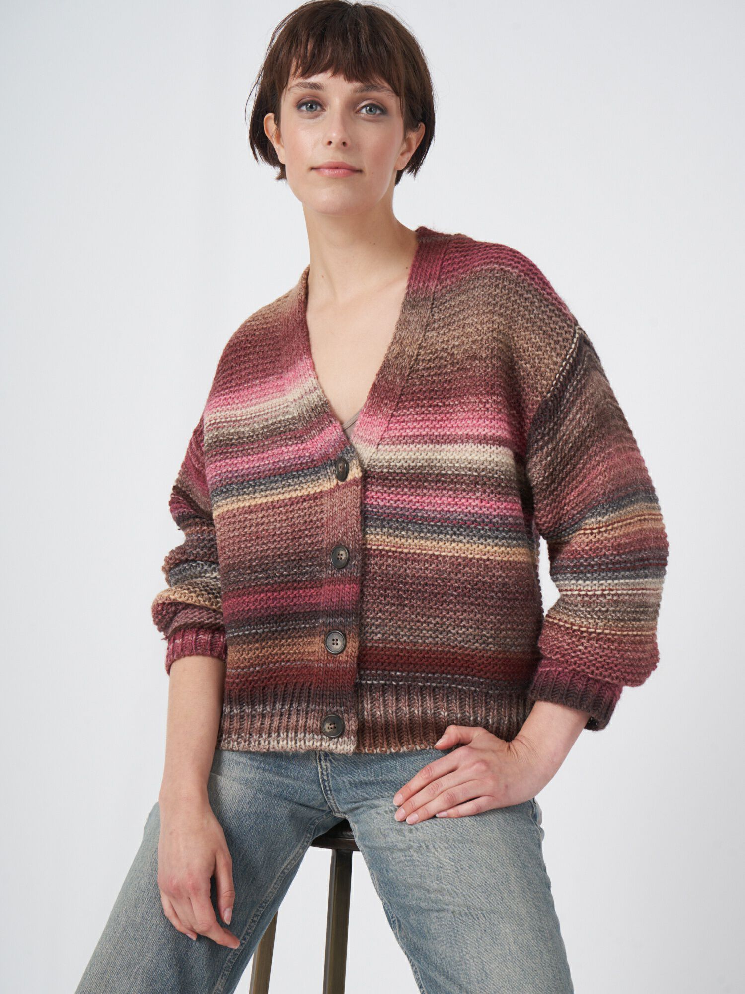 Meerkleurige gestreepte cardigan met knopen