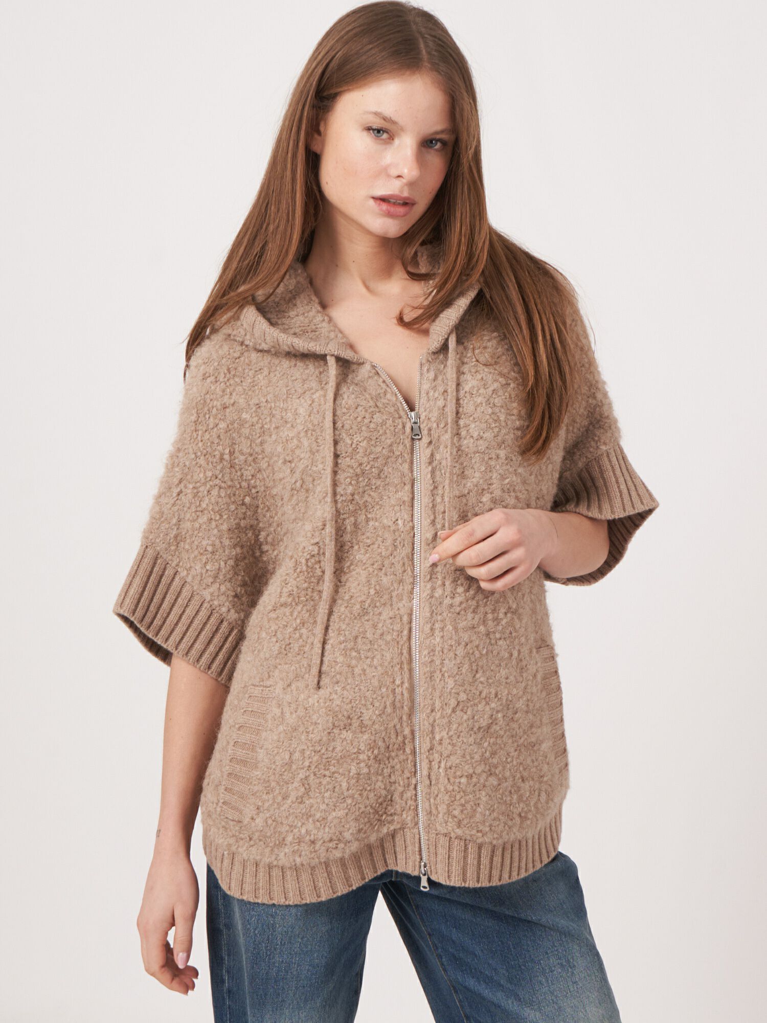 Poncho met capuchon en rits van alpaca wolmix