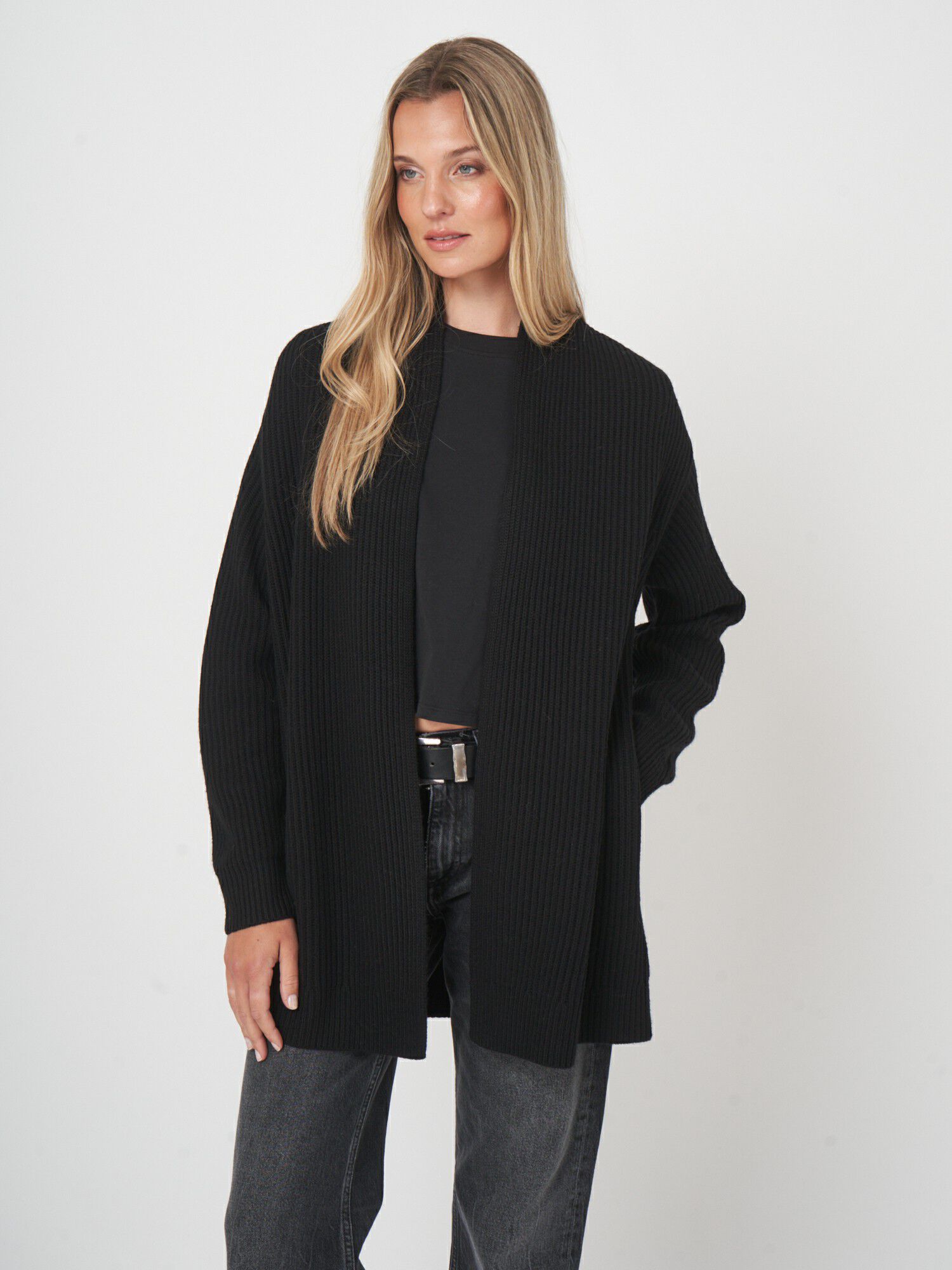 Open front merinowollen vest met ribstructuur afbeelding