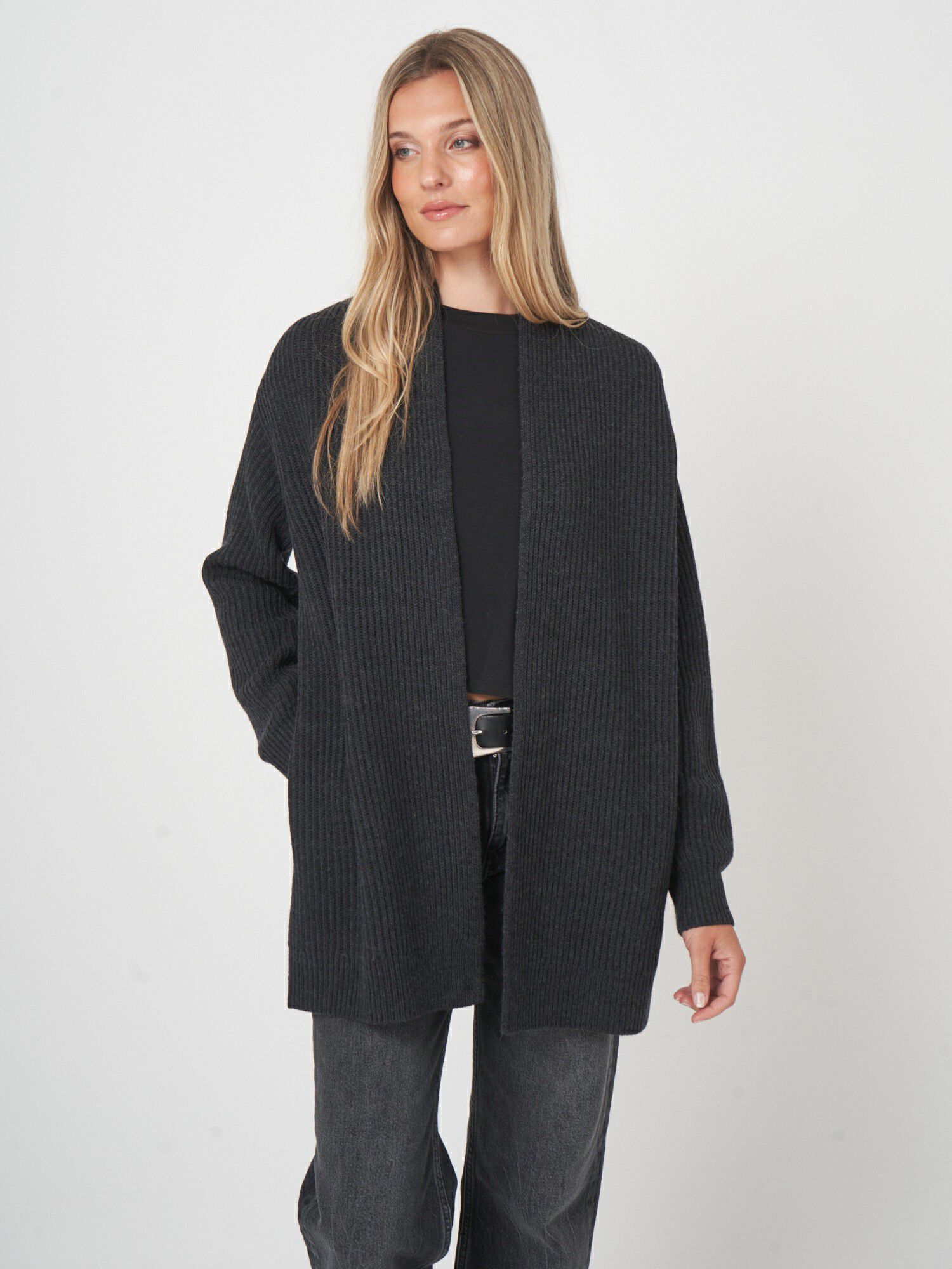 Open front merinowollen vest met ribstructuur afbeelding